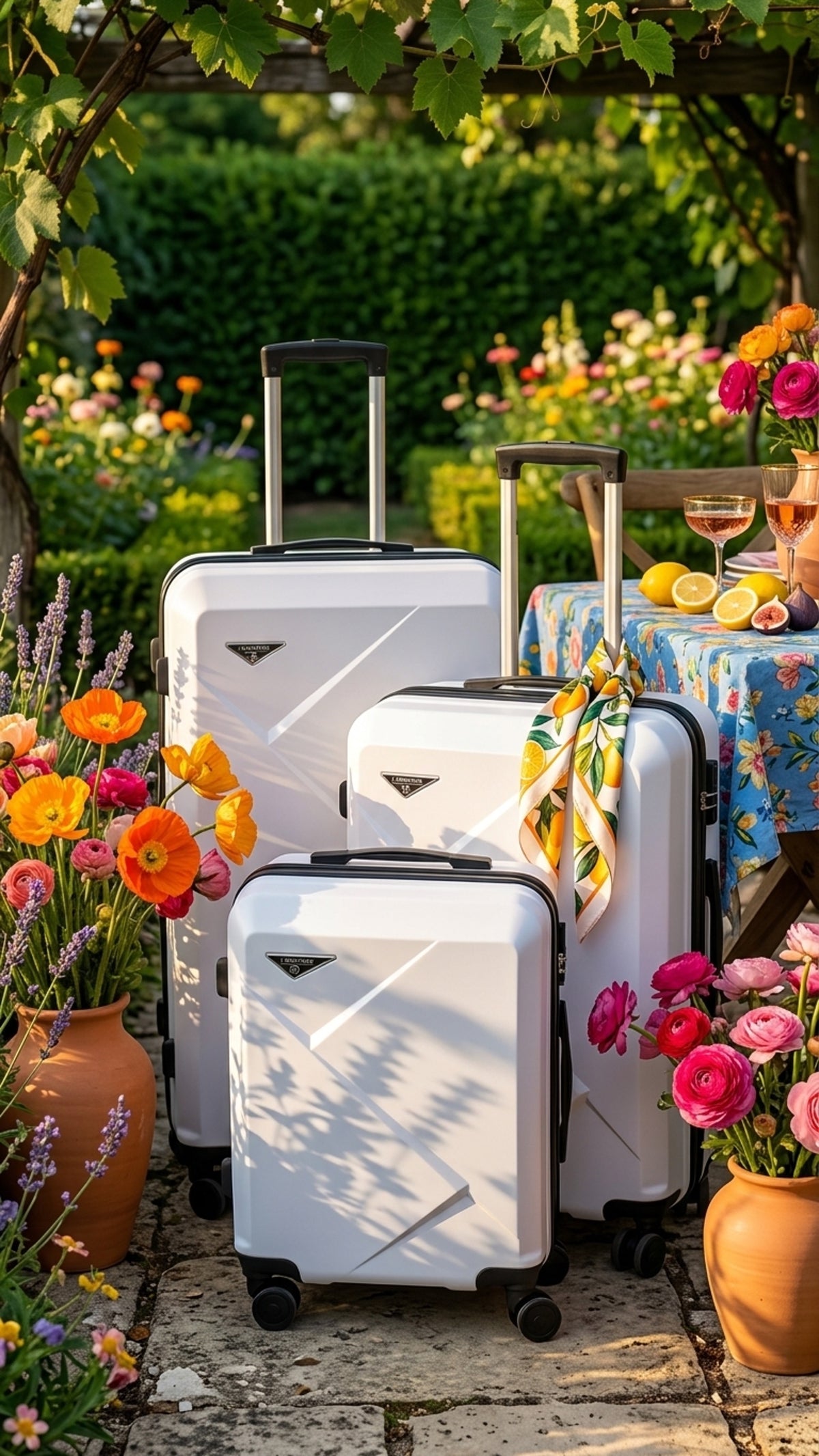 Set de 3 valises rigides blanches dans un jardin