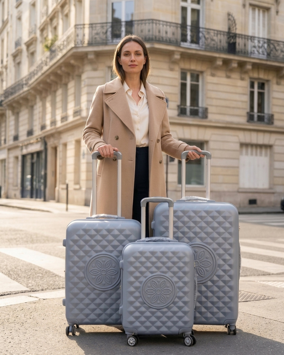 Set de 3 valises rigides grises dans la rue