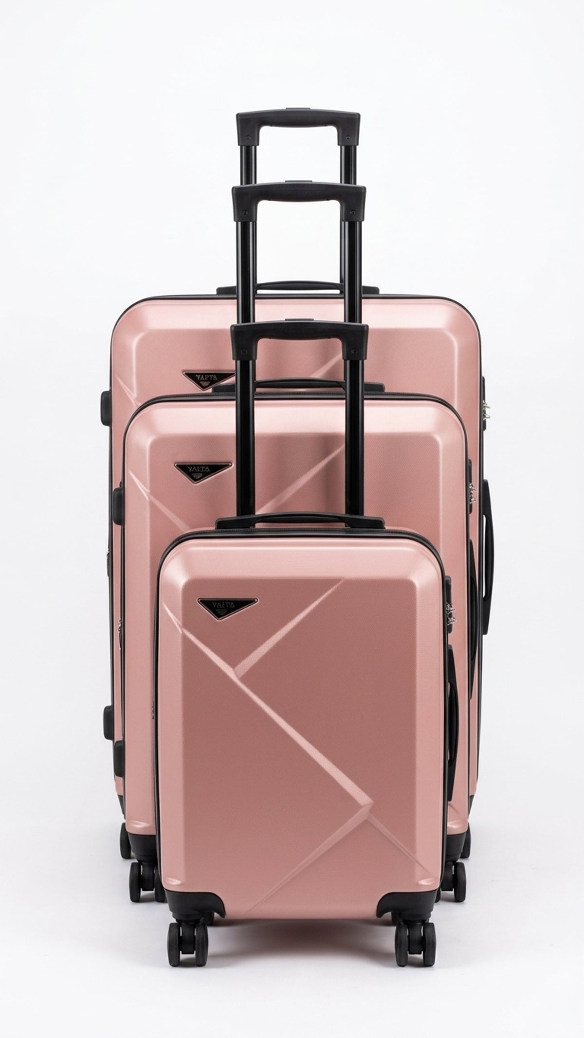 Set de 3 valises rigides roses, vue de face